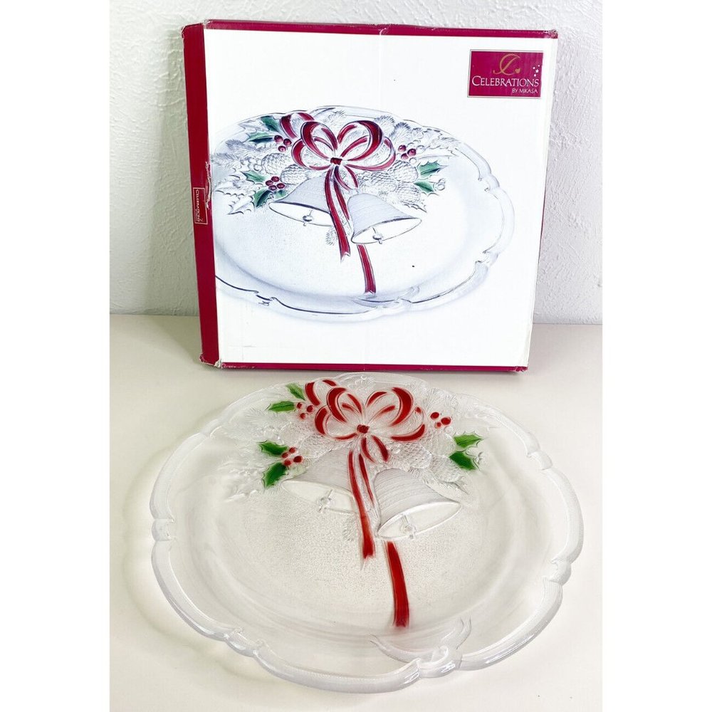Mikasa Celebrations Holiday 15" Glass Holiday Christmas Bells Platter w/Box EUC